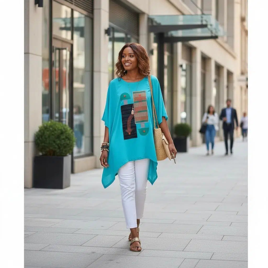 Tunique Turquoise en Pagne Brodée - Style Bohème Été Élégant