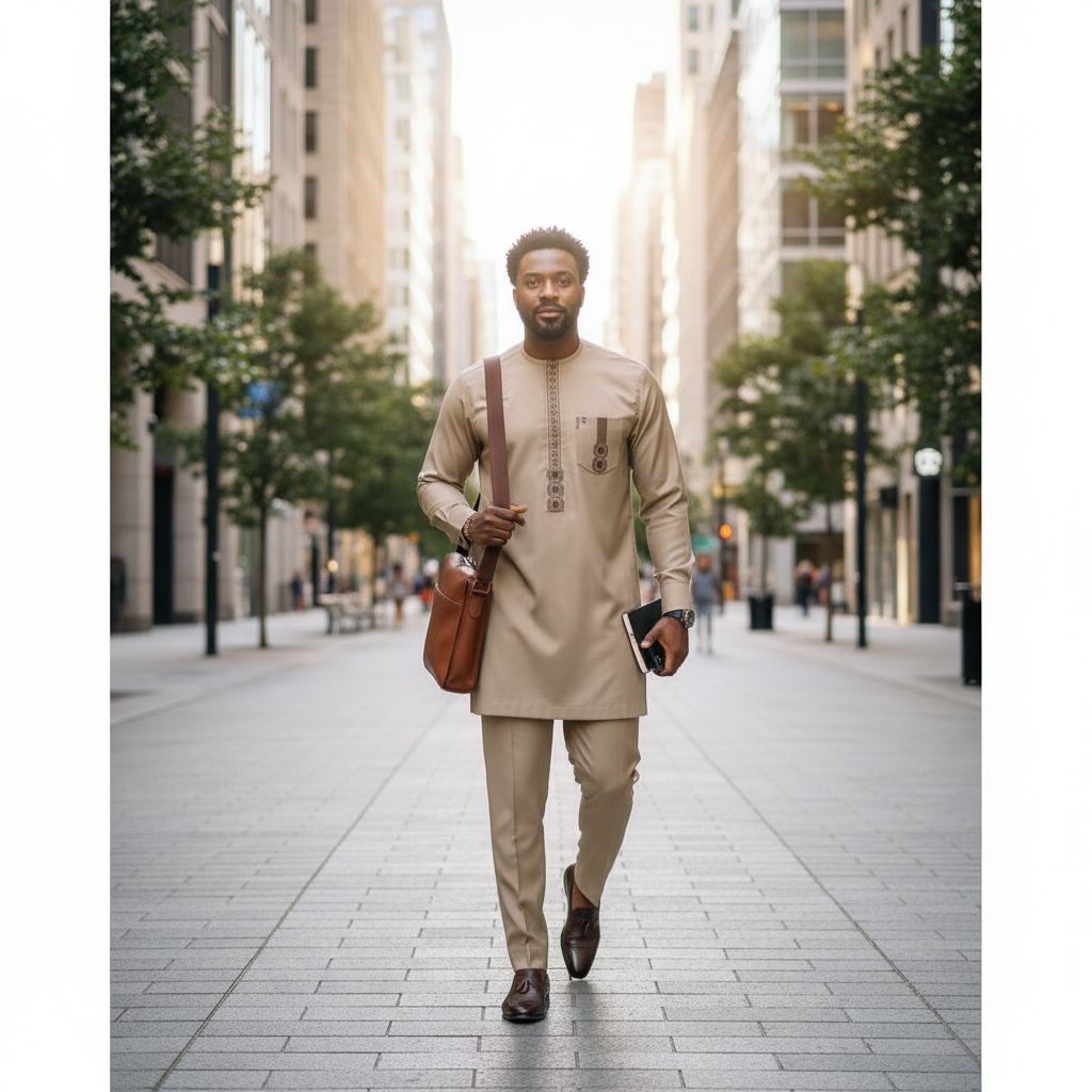 Ensemble homme tunique et pantalon beige kaki brodé