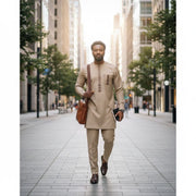 Ensemble homme tunique et pantalon beige kaki brodé