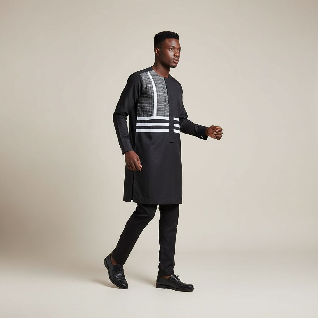 Ensemble homme élégant noir et gris, tenue cérémonie col rond coton