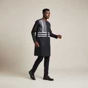 Ensemble homme élégant noir et gris, tenue cérémonie col rond coton