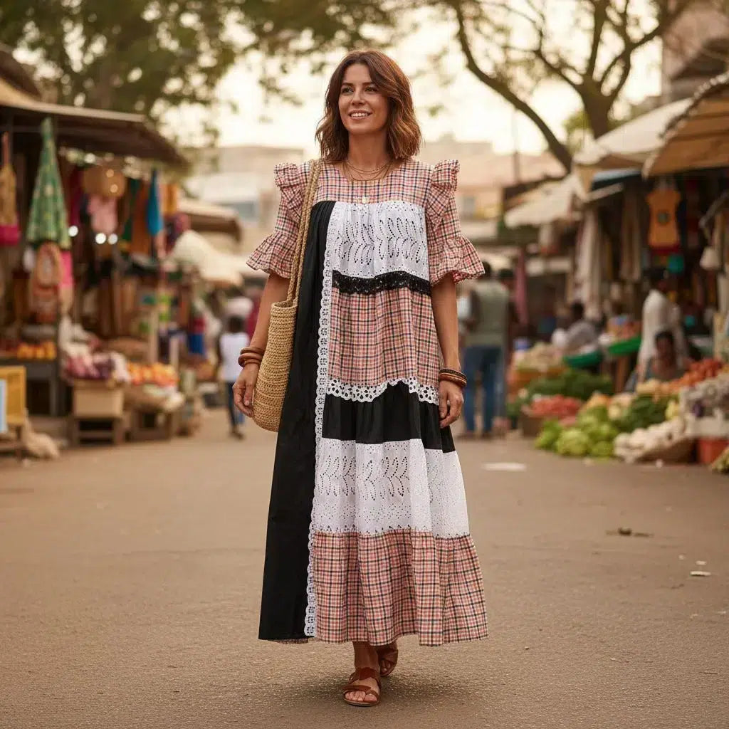 Robe bohème chic longue en lin avec patchwork en carreaux rouge blanc