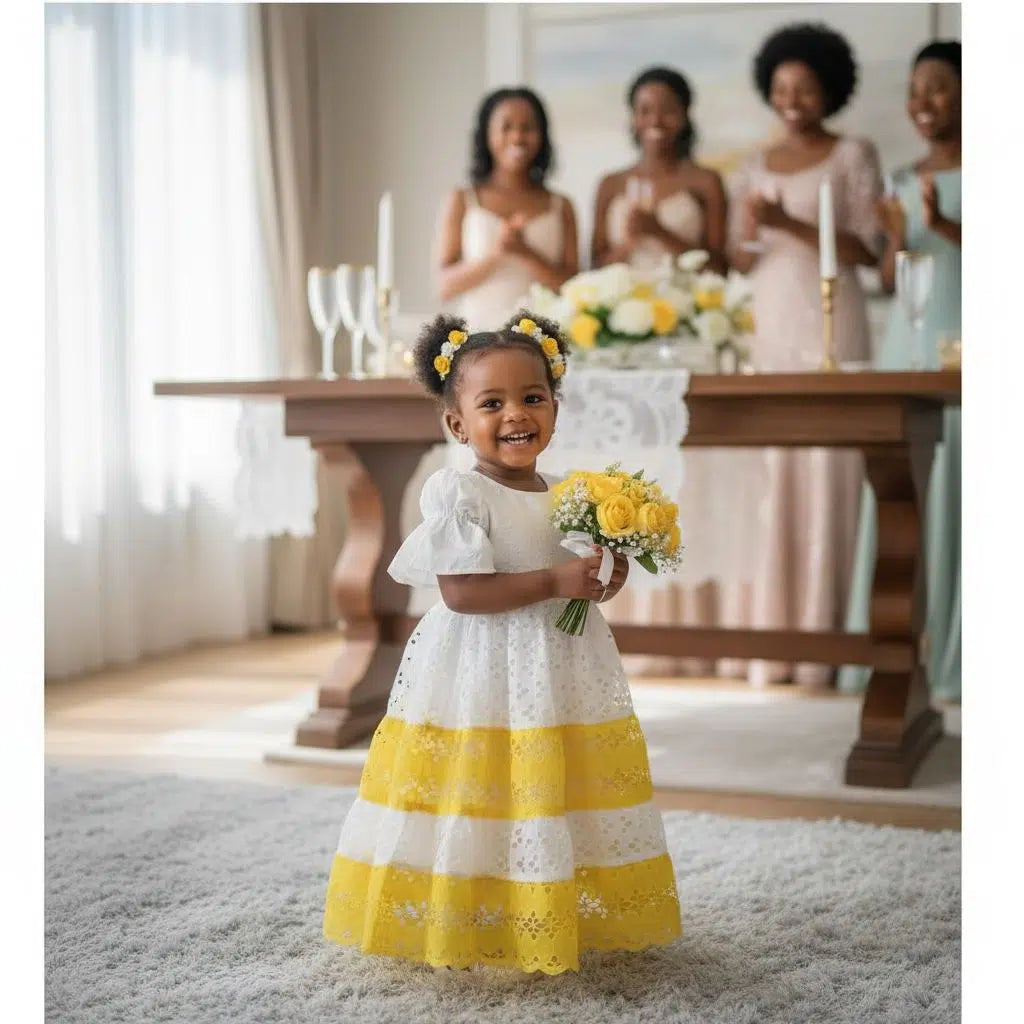Robe cérémonie fille jaune dentelle élégante