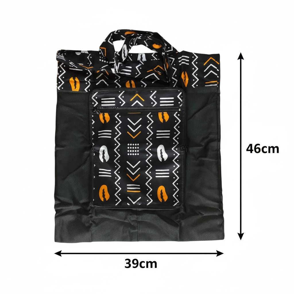 Sac bandoulière wax et lin, pliable, motif géométrique ethnique noir-orange