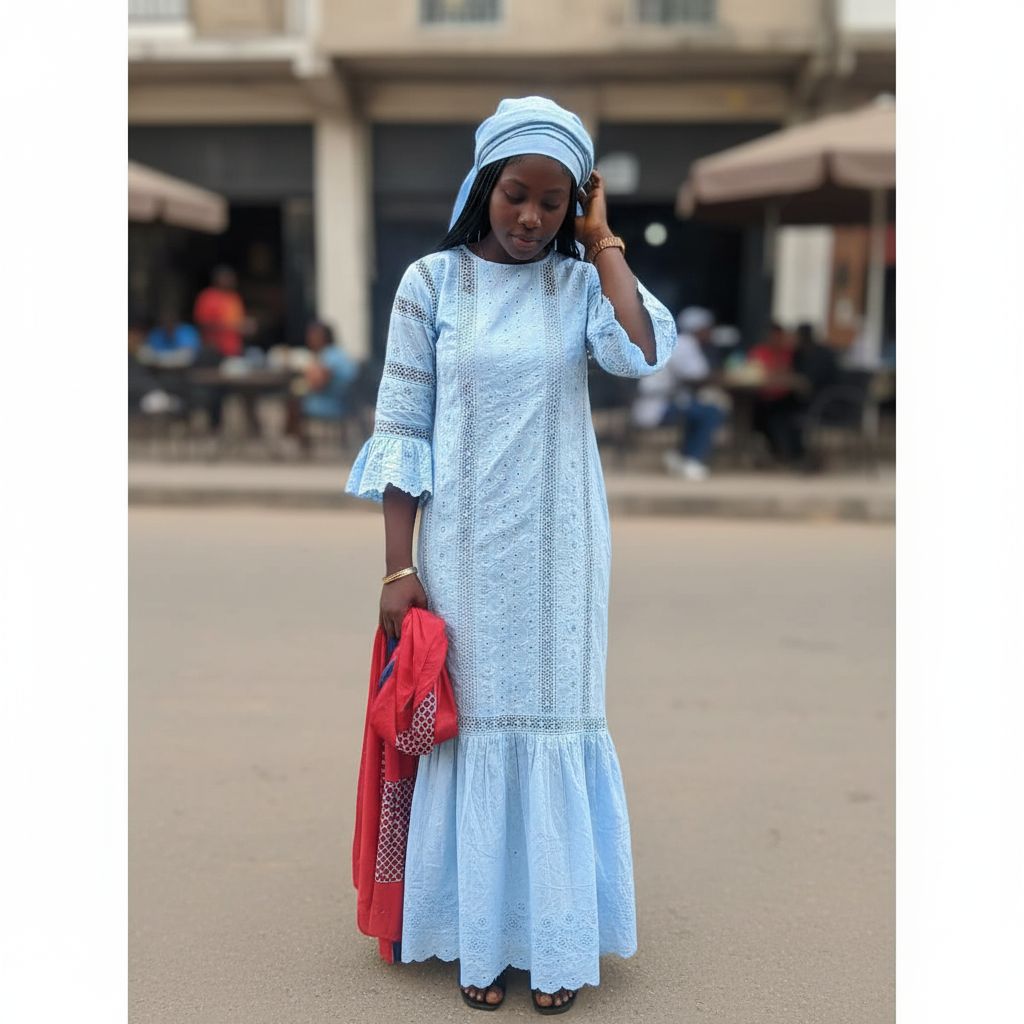 Robe brodée bleu femme bohème chic, manches volants, élégante et longue