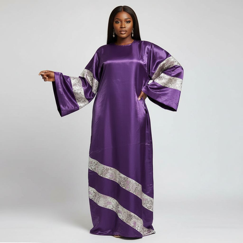 Robe grande taille femme élégante brocard mauve doré manches longues cérémonie