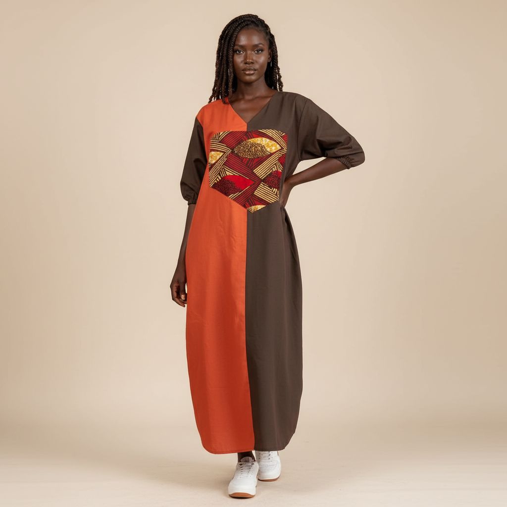 Tunique femme élégante orange marron, ample et confortable, manches 3/4
