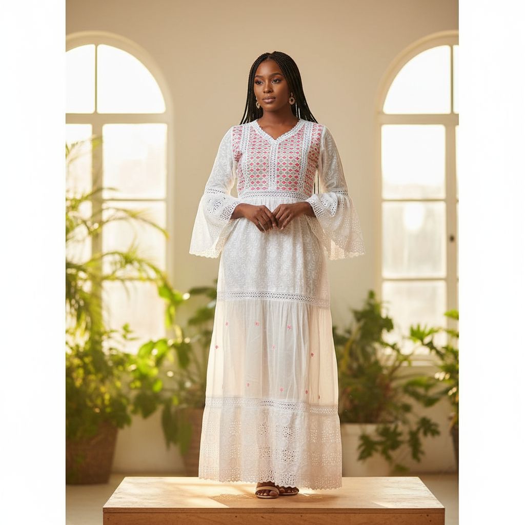 Robe voile brodé femme blanche et rose