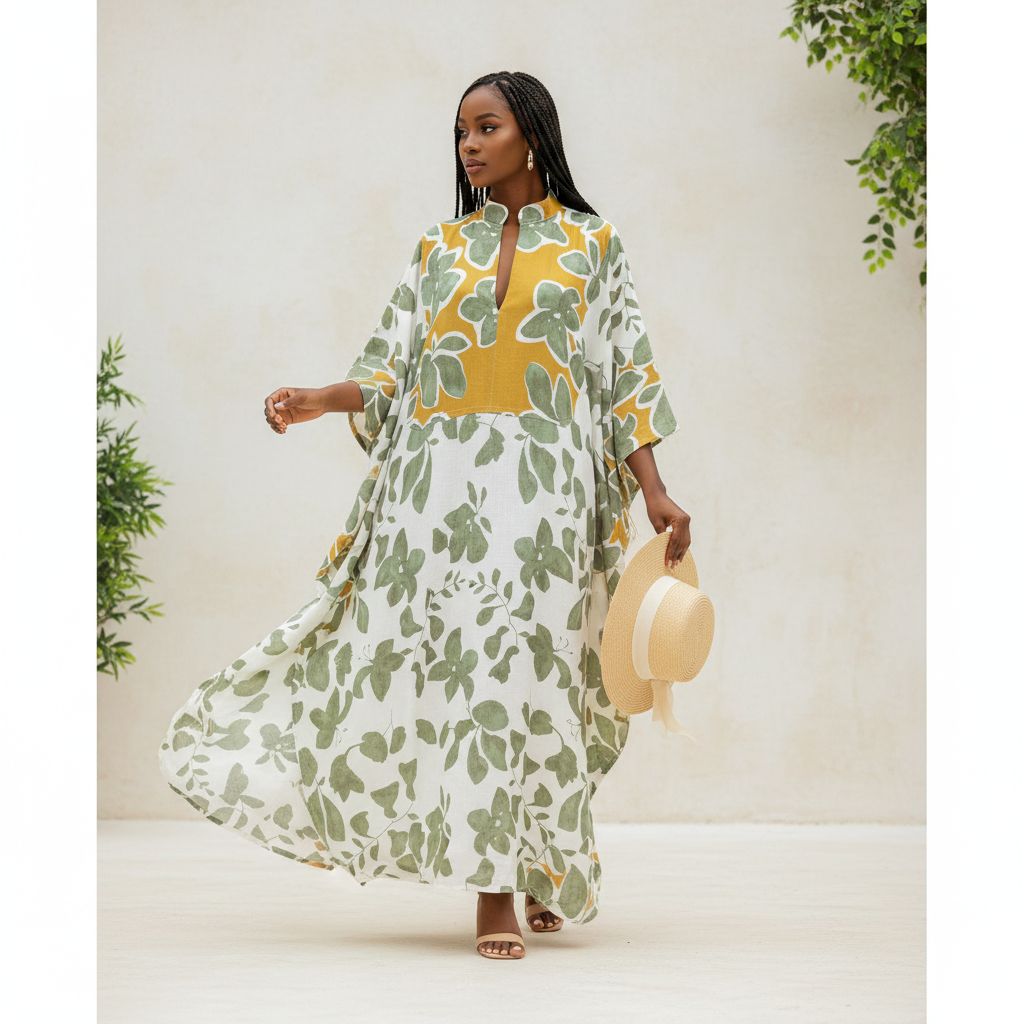 Robe longue bohème femme col mao, florale vert et ocre, coton lin ample