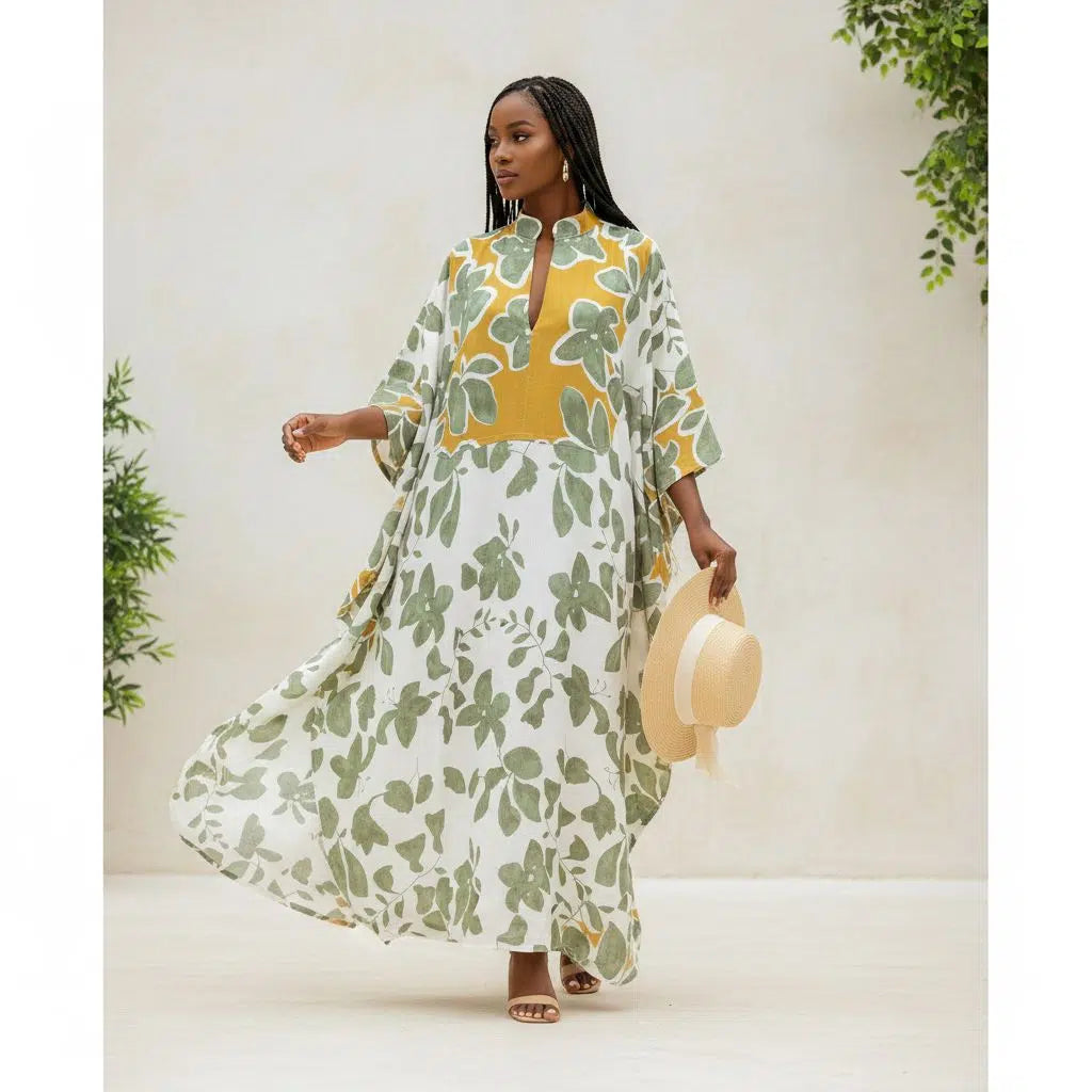 Robe longue bohème femme col mao, florale vert et ocre, coton lin ample