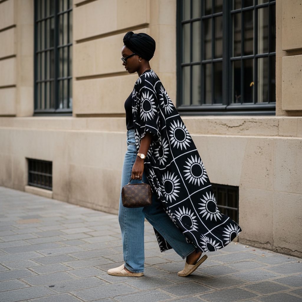 Kimono femme élégant long coton, manteau fluide noir et blanc chic