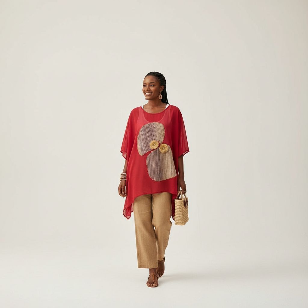 Haut femme bohème chic rouge fait main, tunique pagne tissé élégante