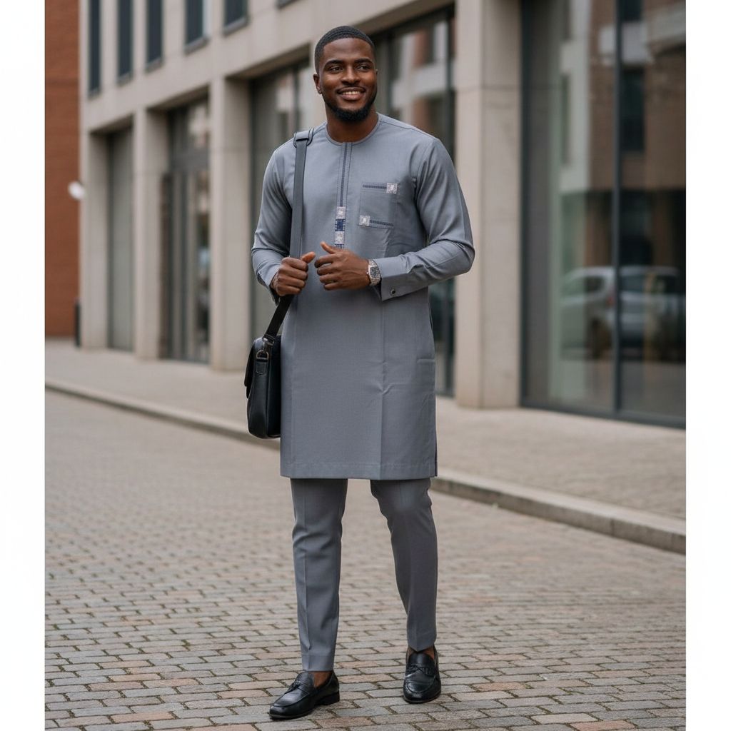 Ensemble homme élégant gris tunique et pantalon chic pour cérémonie