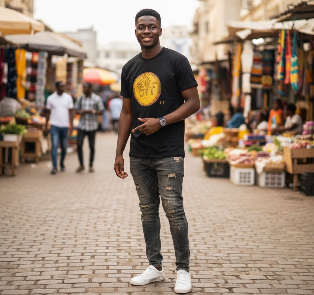 T-shirt peint à la main noir design africain pièce de monnaie