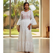 Robe voile brodé femme blanche et rose