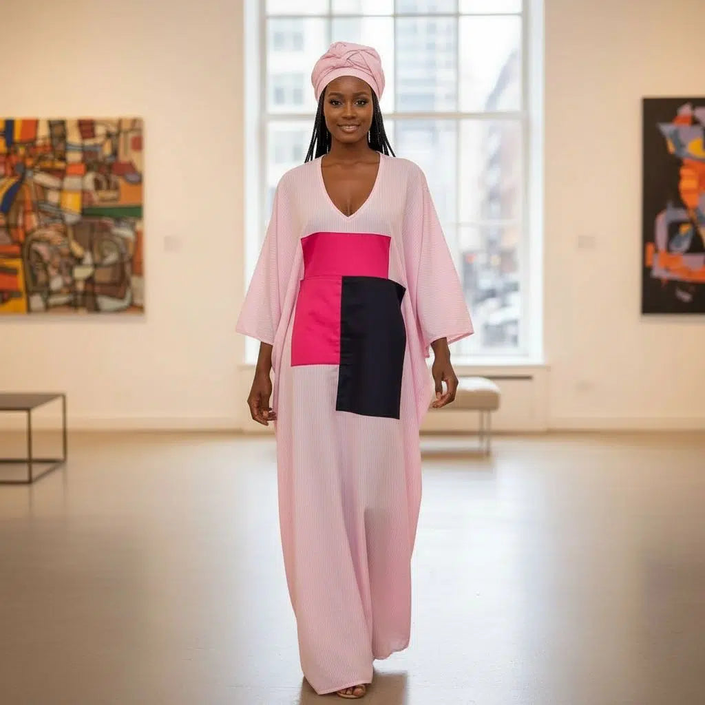 Tunique rose longue en coton avec turban