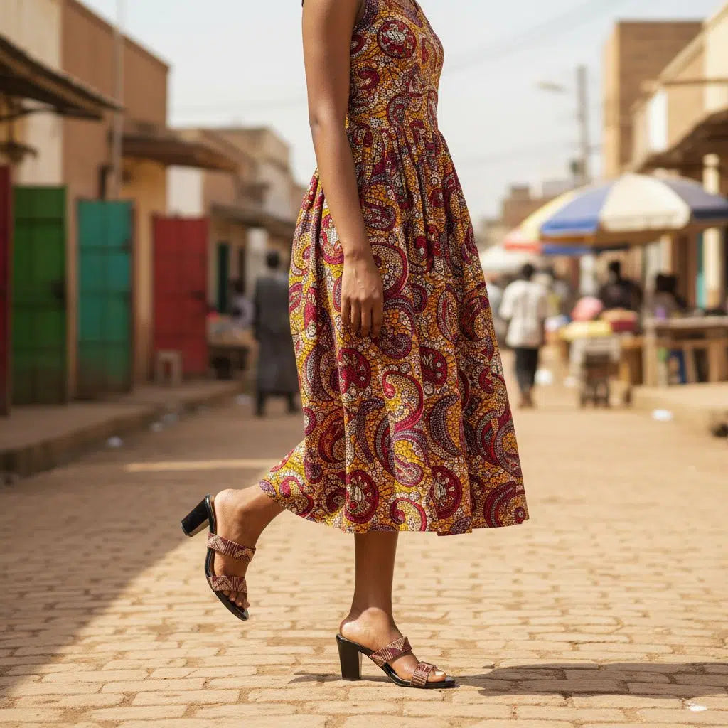 Sandales à talons femme en pagne tissé rouge – chaussures ethniques chic