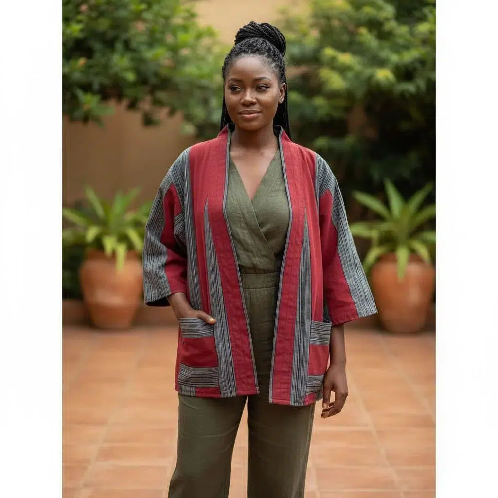 Kimono pagne tissé coton femme rouge et noir, veste artisanale élégante
