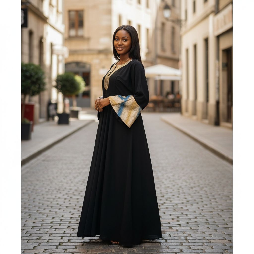 Robe verte élégante femme longue, col en V doré, manches évasées chic