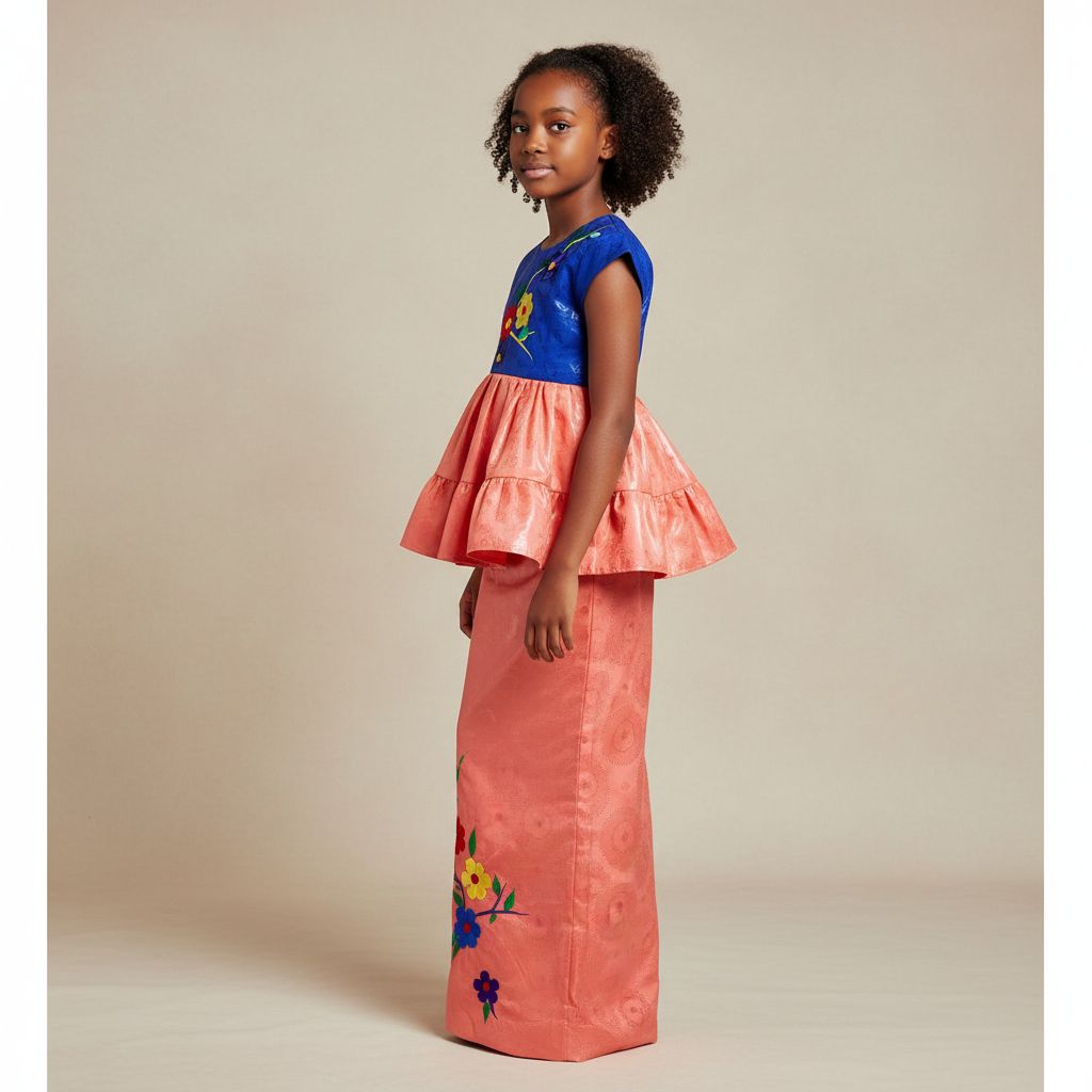 Ensemble cérémonie fille 10 ans orange et bleu foncé, jupe et haut floral chic