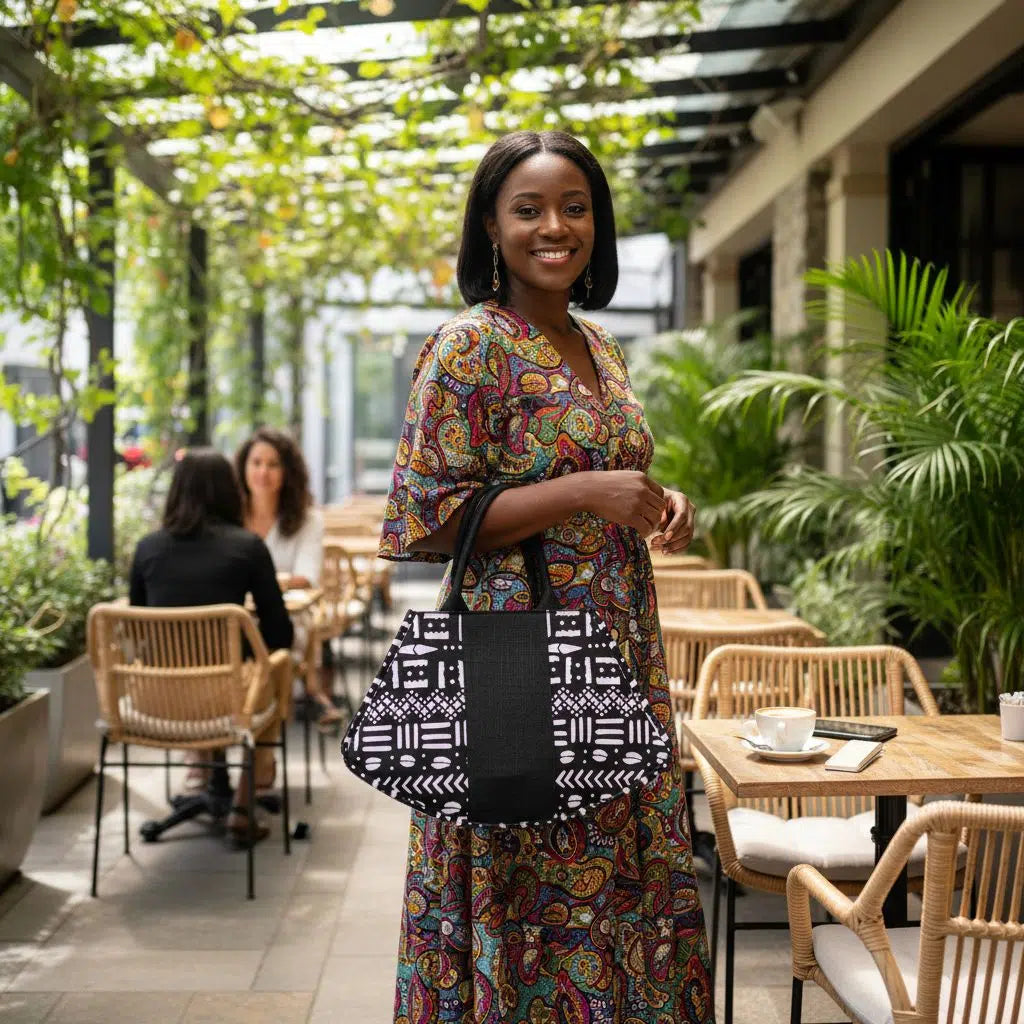 Grand sac à main wax et raphia noir et blanc