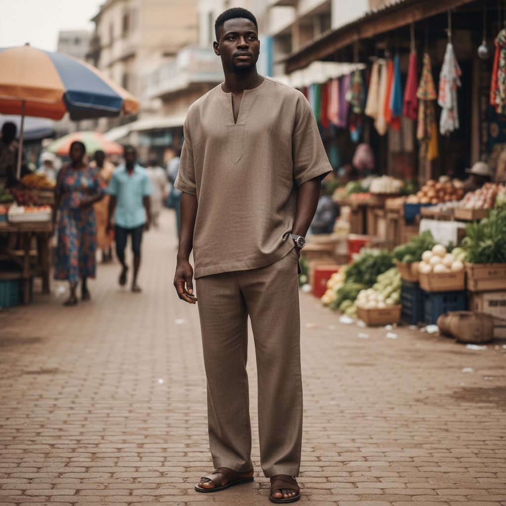 Ensemble lin décontracté minimaliste homme unisexe, pantalon large et haut 3/4