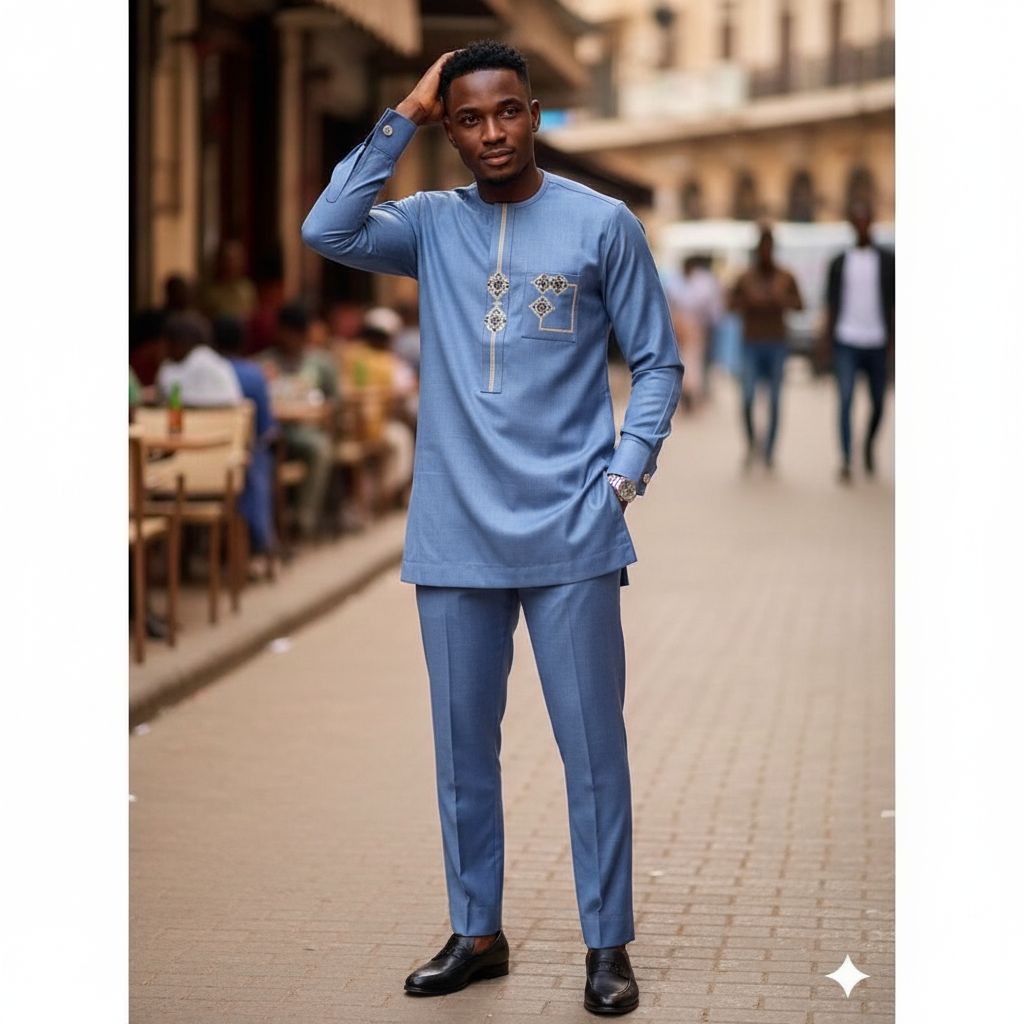 Tunique homme élégante bleu, tenue traditionnelle chic, coton polyester