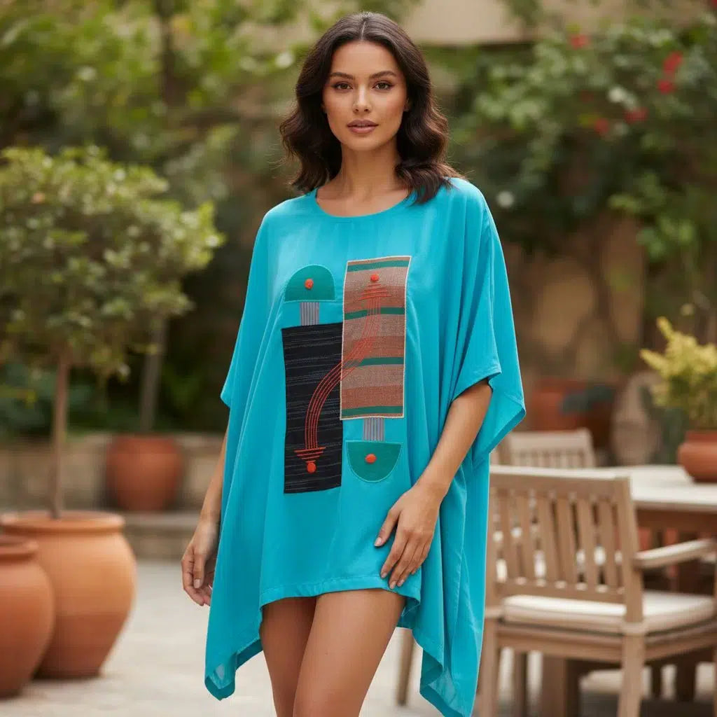 Tunique Turquoise en Pagne Brodée - Style Bohème Été Élégant