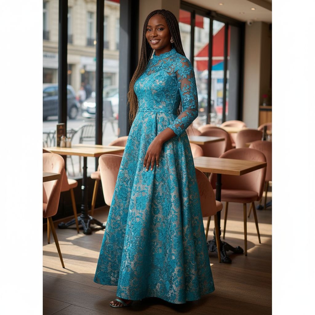 Robe femme brocart dentelle élégante, longue, idéale cérémonie ou soirée
