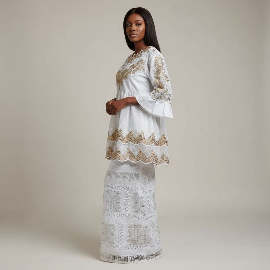 Ensemble marinière pagne femme chic Geztner et voile suisse, broderie dorée