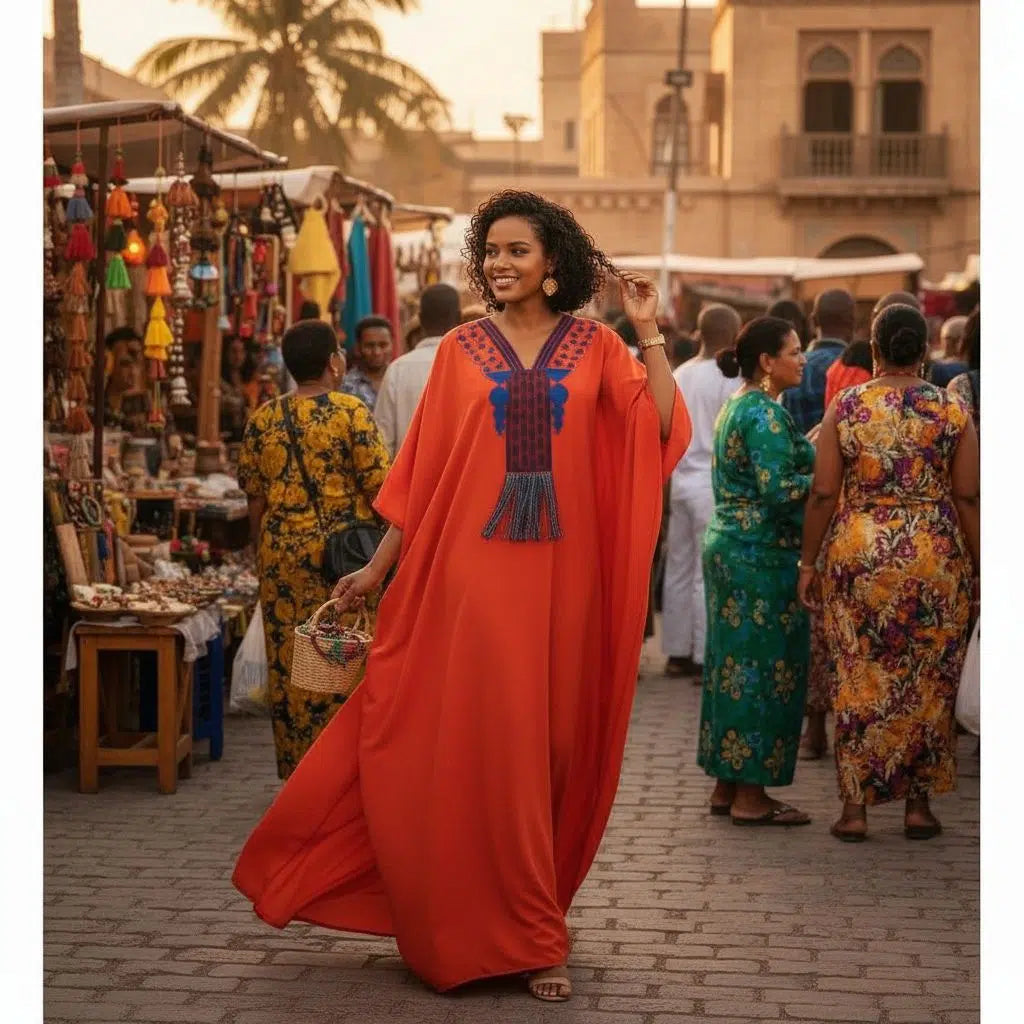 Tunique brodée femme orange – Élégance ethnique chic, pagne tissé artisanal