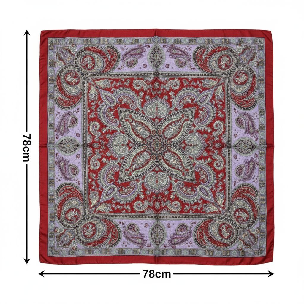 Foulard carré en soie lilas multicolore, motifs ethniques élégants femme