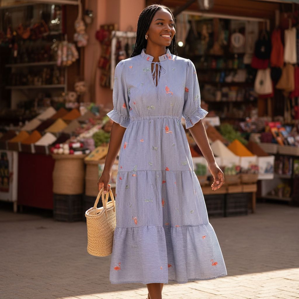 Robe coton rayée femme bleu, longue bohème chic, fluide et élégante