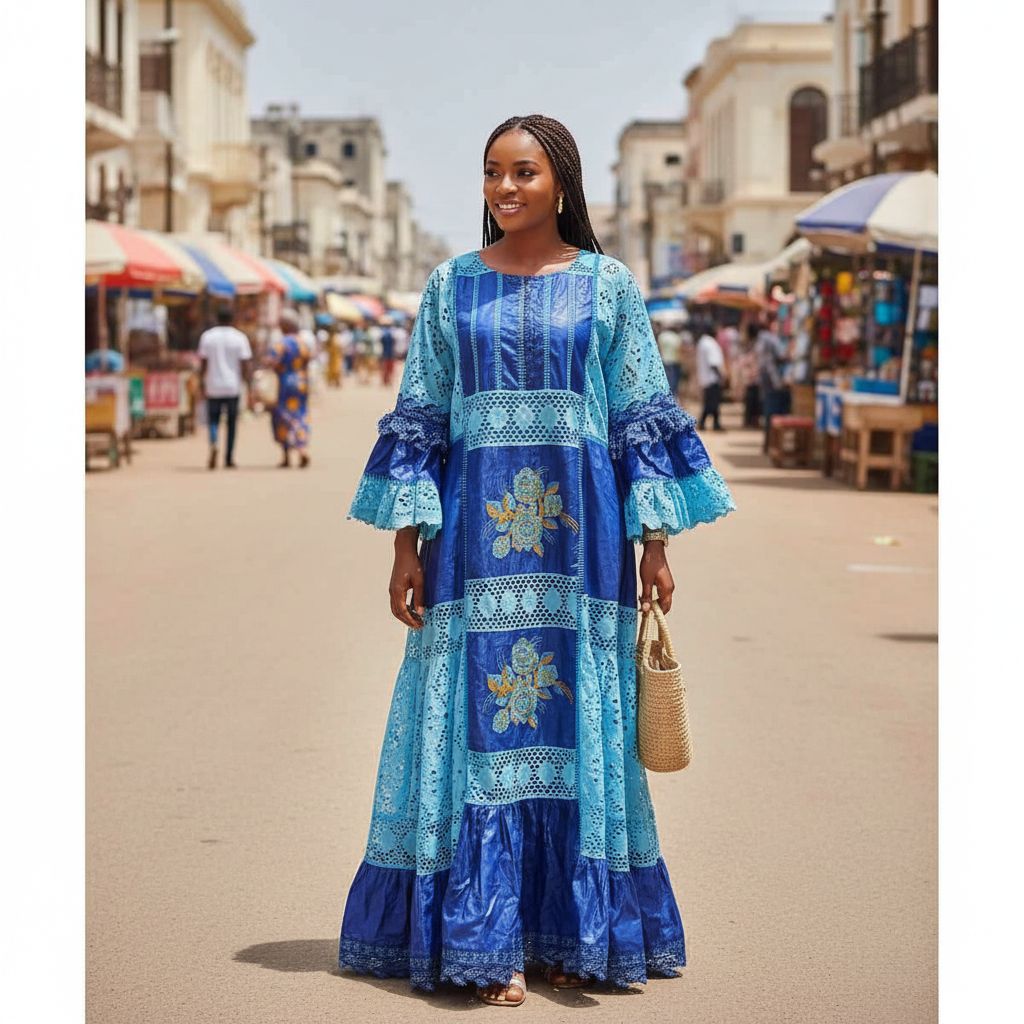 Robe bazin bleu brodée élégante robe africaine de cérémonie femme