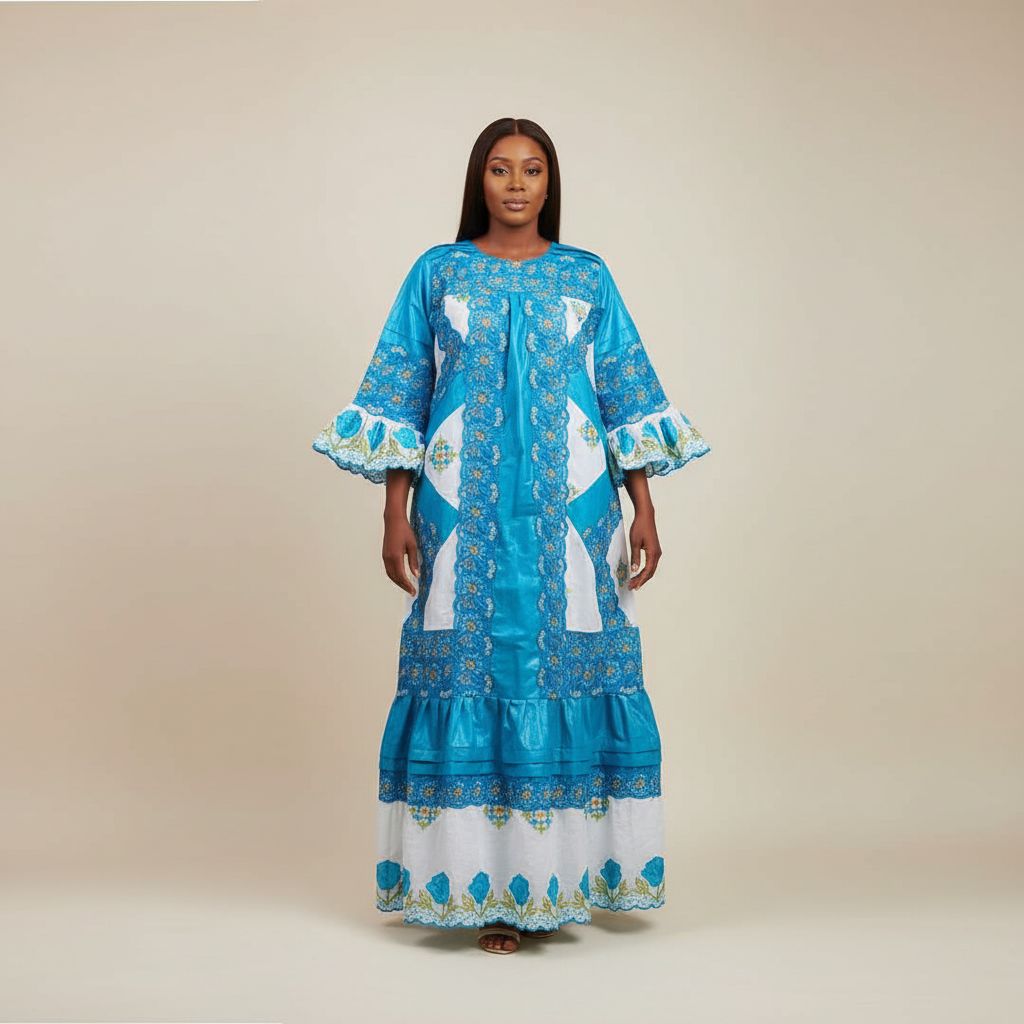 Robe bazin brodée femme élégante, longue, bleu et blanc, cérémonie