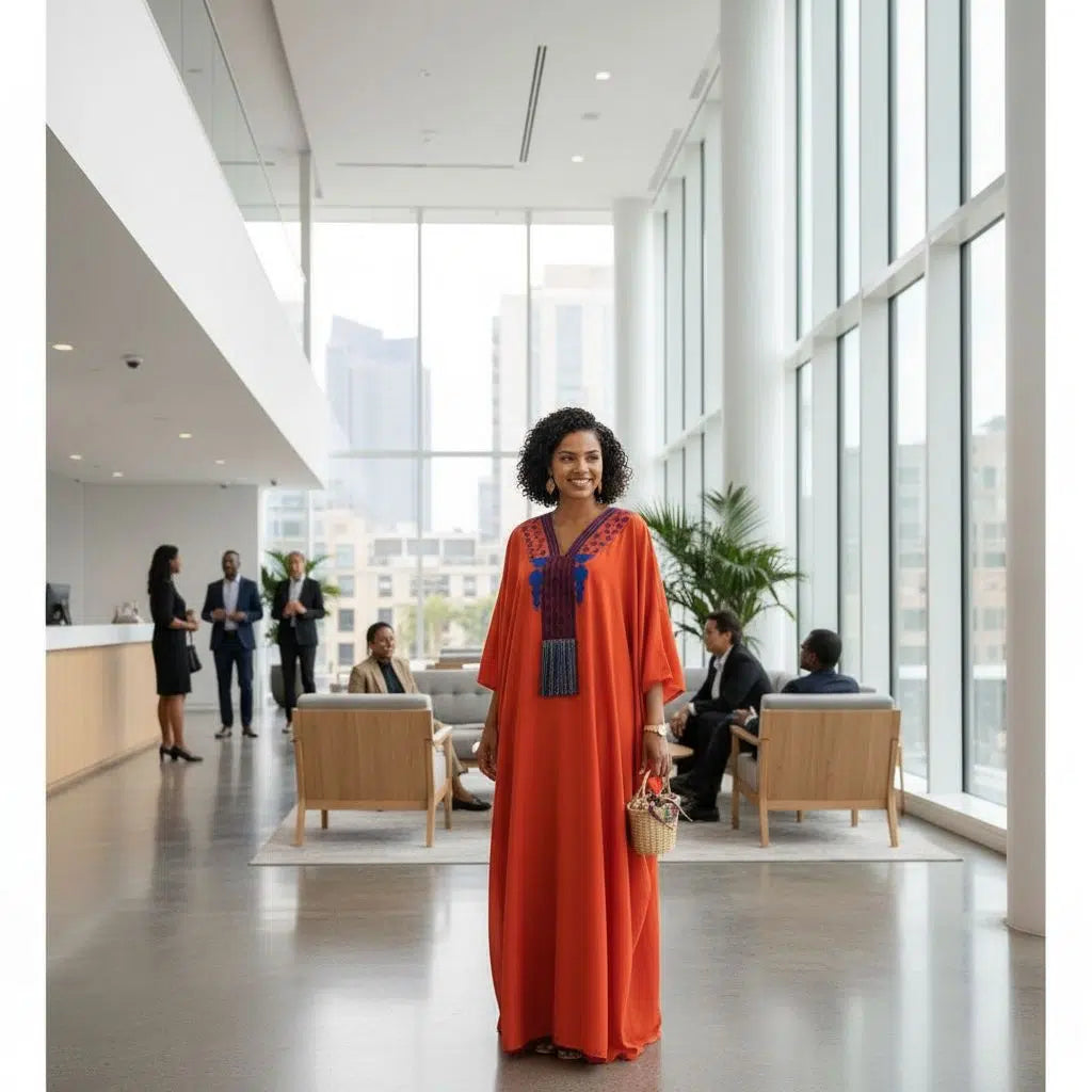 Tunique brodée femme orange – Élégance ethnique chic, pagne tissé artisanal