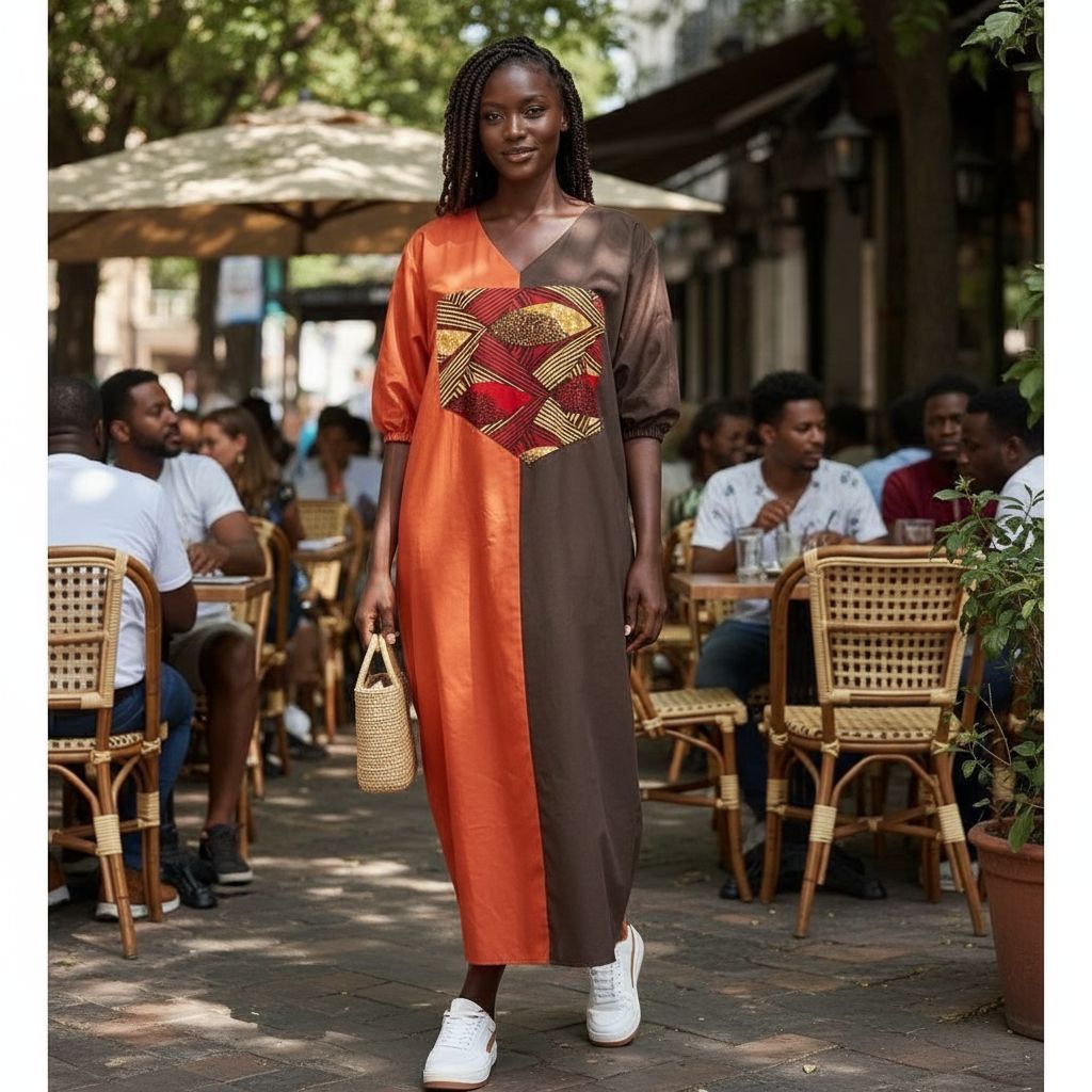 Tunique femme élégante orange marron, ample et confortable, manches 3/4