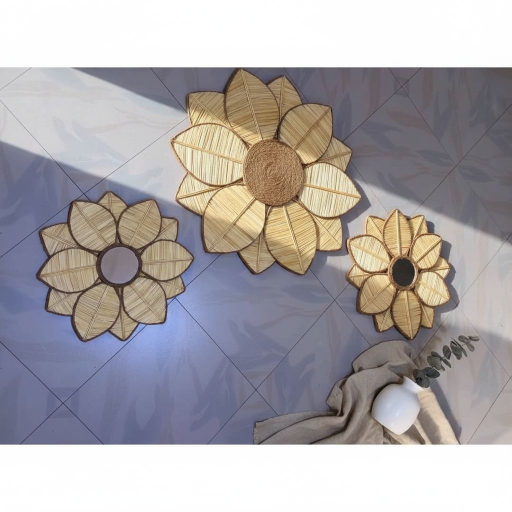 Lot de 3 Décorations Murales en Fibres Naturelles Forme Fleur