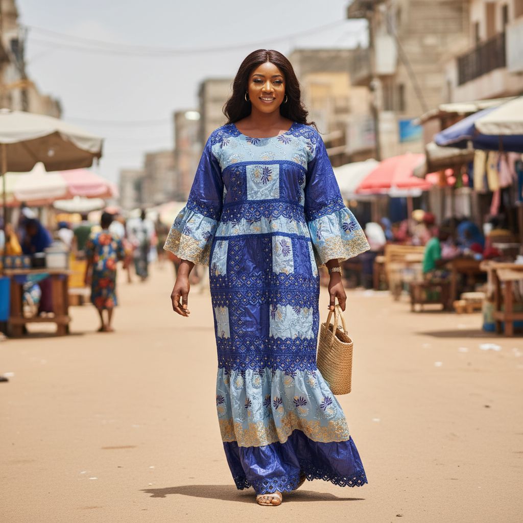 Robe bazin brodée bleue femme, longue élégante, cérémonie ou bureau
