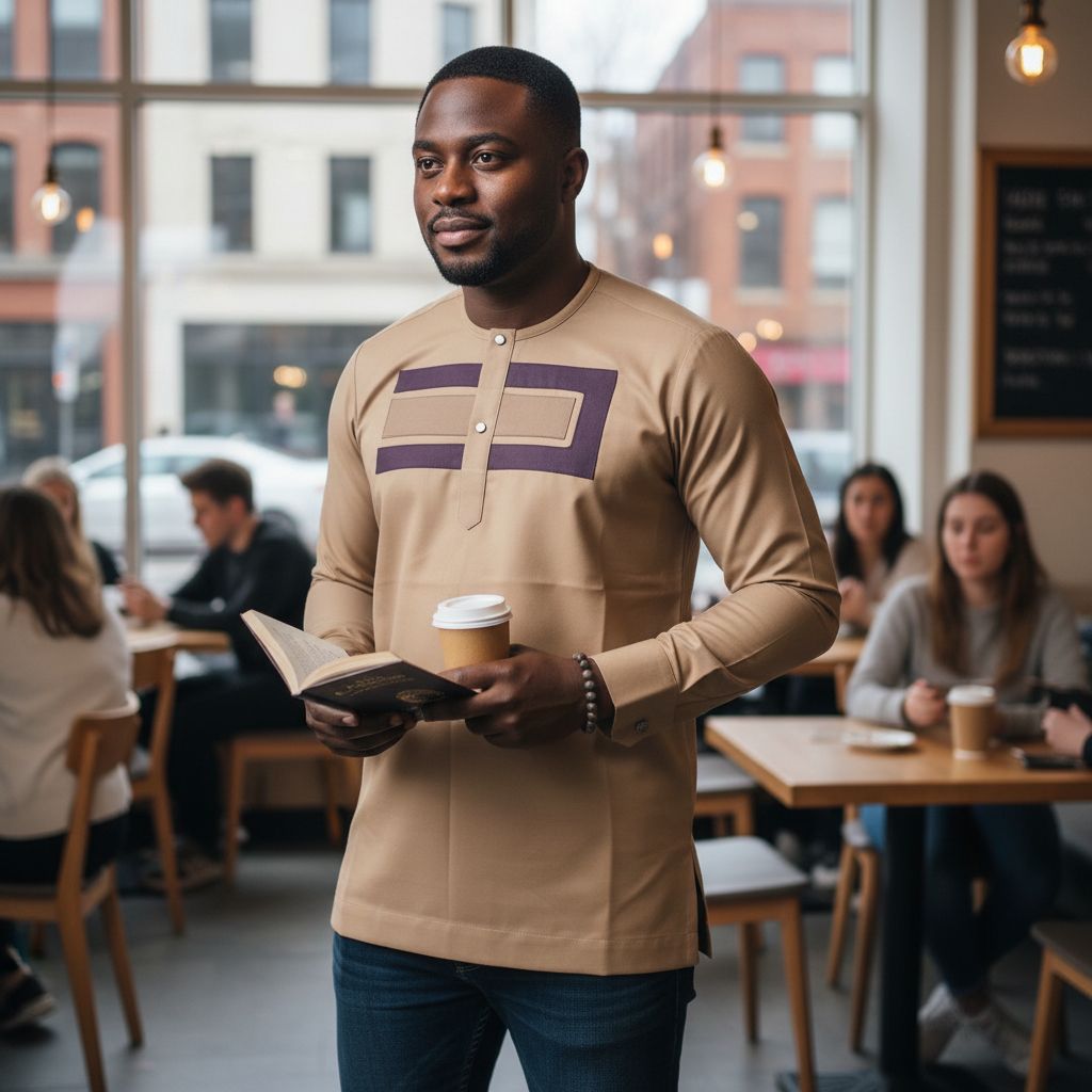 Chemise homme élégante beige et bleu, col rond, manches longues ajustée