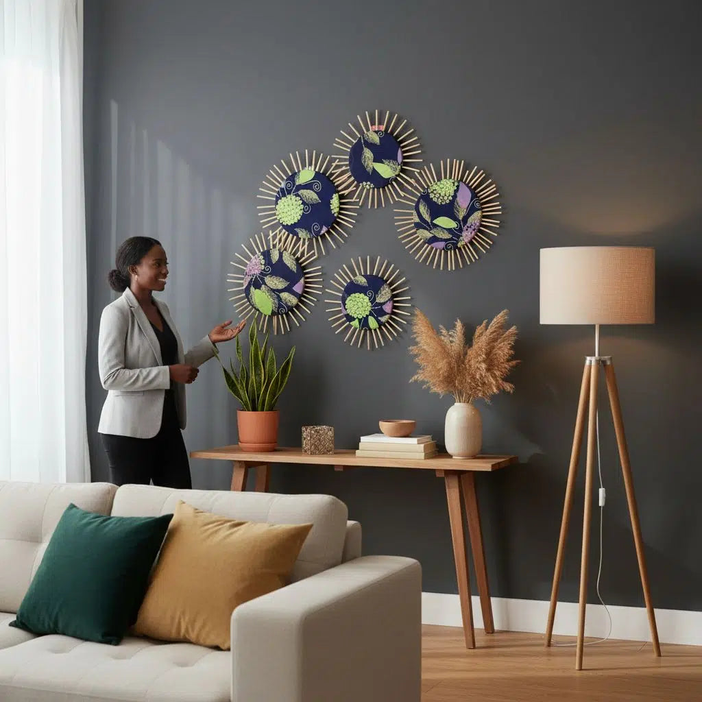 Cercle décoratif mural bohème en bois et tissu – Art mural artisanal unique