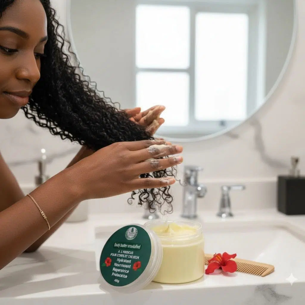 Crème capillaire naturelle hibiscus et karité – Soin nourrissant cheveux secs