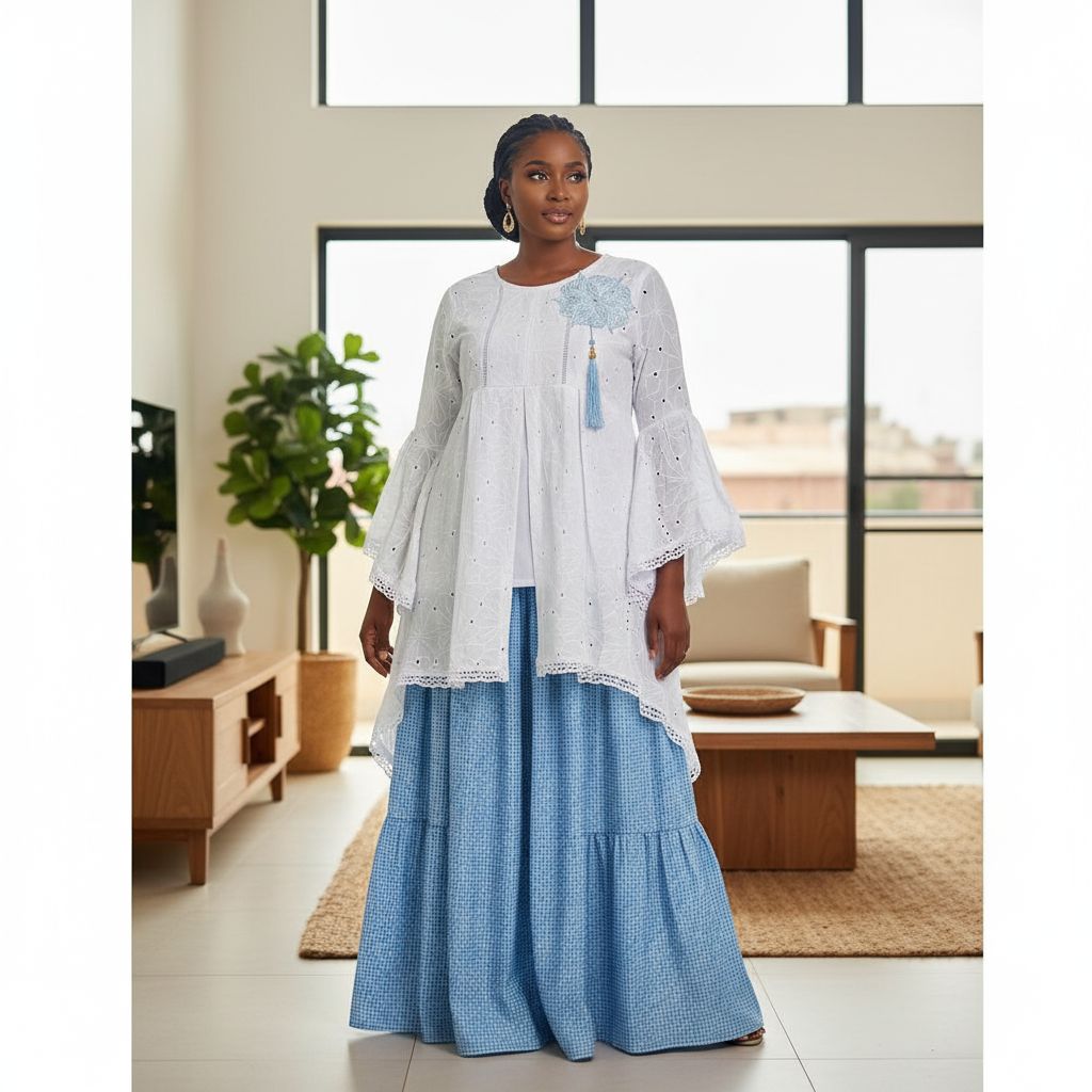 Ensemble deux pièces femme bohème chic : jupe longue bleue et haut blanc