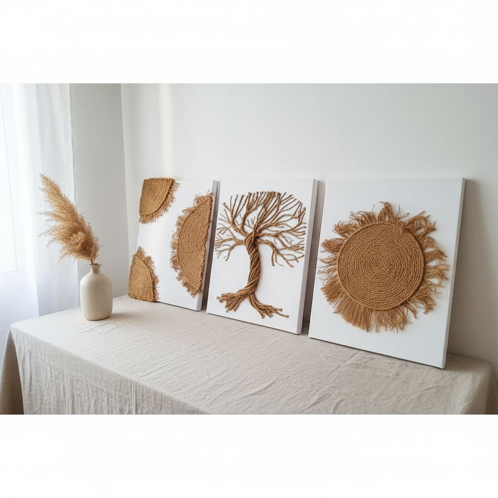 Tableau décoratif mural blanc beige 50x40 cm, corde de jute bohème