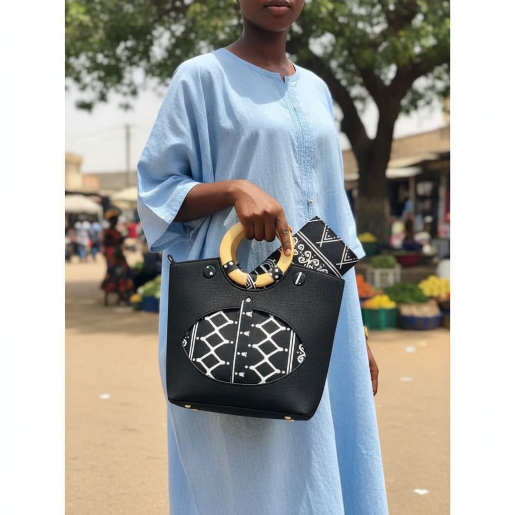 Sac à main cuir noir motif ethnique poignée bois, chic et grande capacité