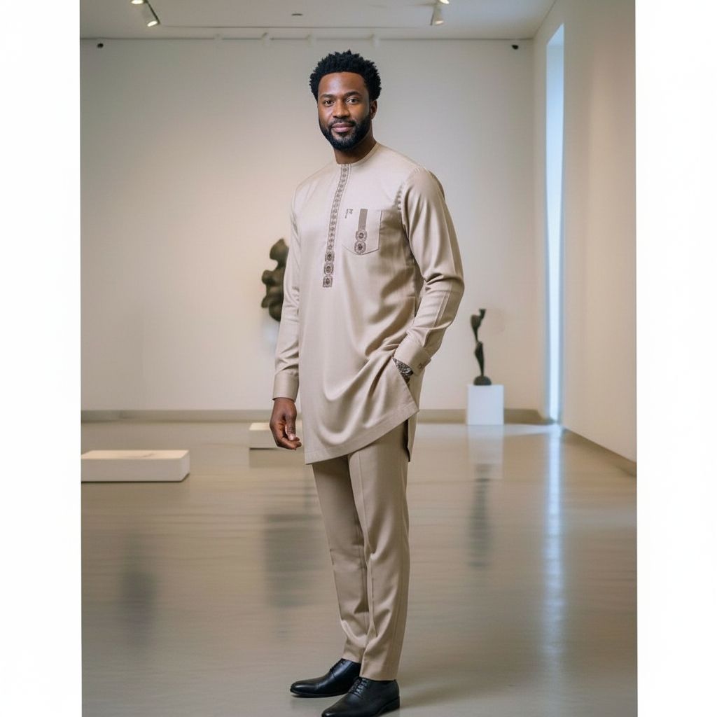 Ensemble homme tunique et pantalon beige kaki brodé