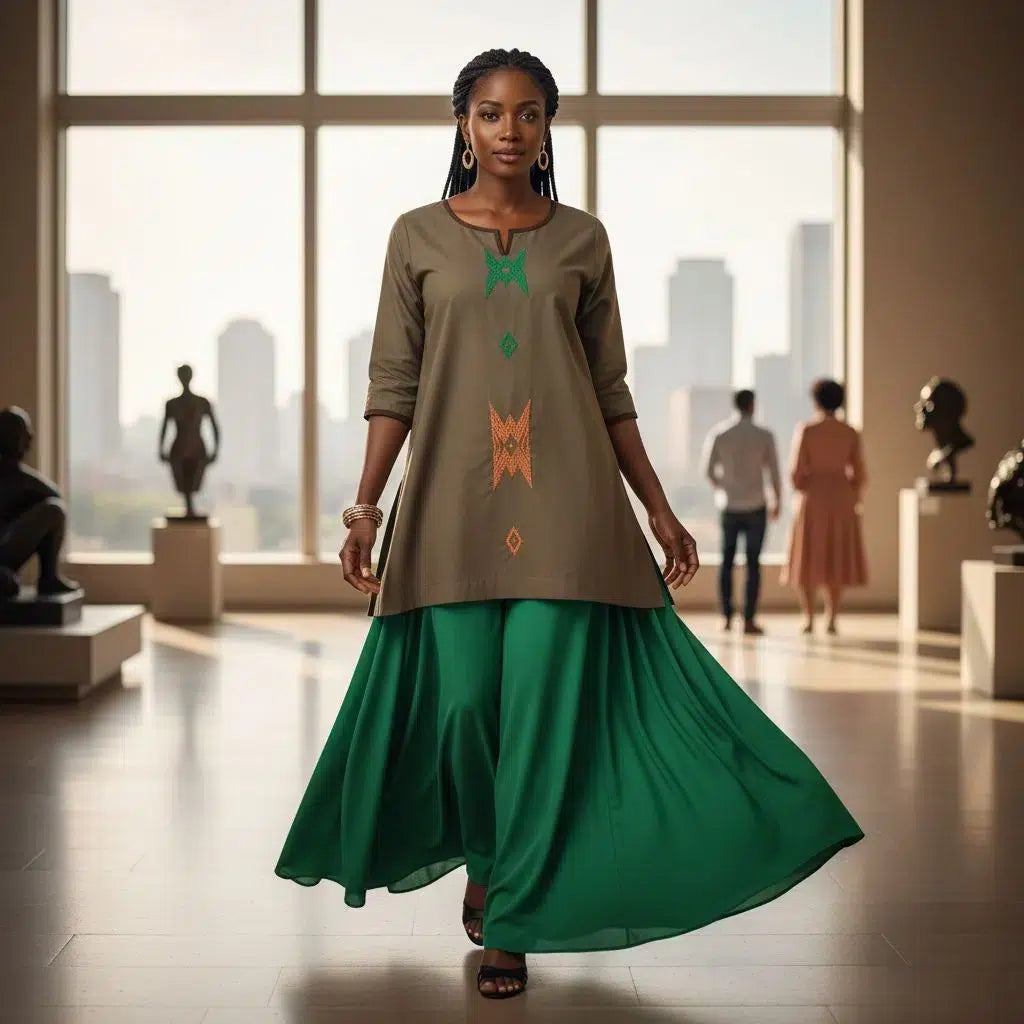 Robe brodée femme élégante et jupe coton, ensemble artisanal coloré