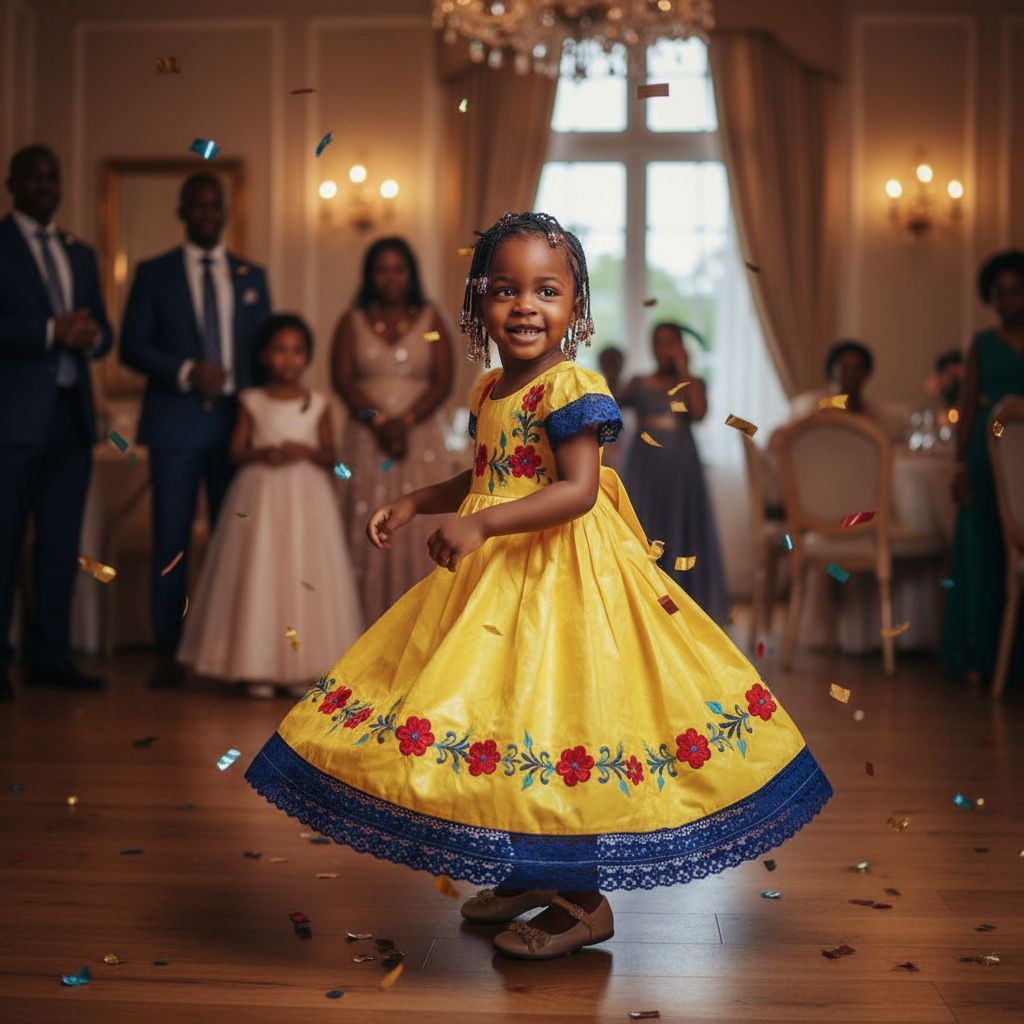 Robe cérémonie fille jaune brodée bazin riche
