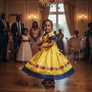 Robe cérémonie fille jaune brodée bazin riche