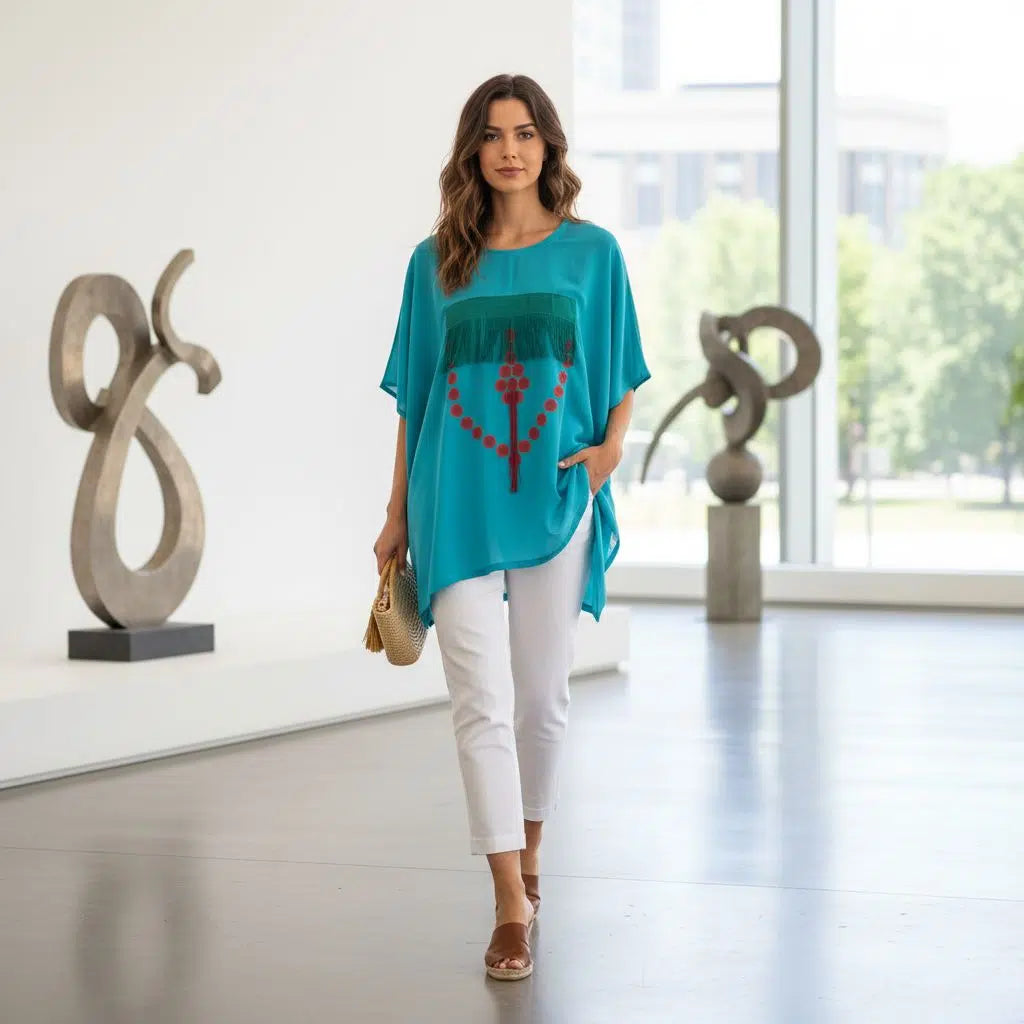 Tunique Bohème Chic Turquoise - Élégance Artisanale